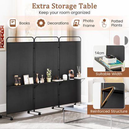 3-Panel 188cm Rolling Privacy Screen Folding Room Divider-Black
