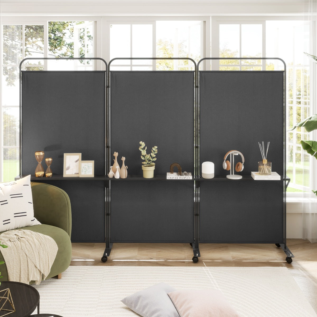 3-Panel 188cm Rolling Privacy Screen Folding Room Divider-Black