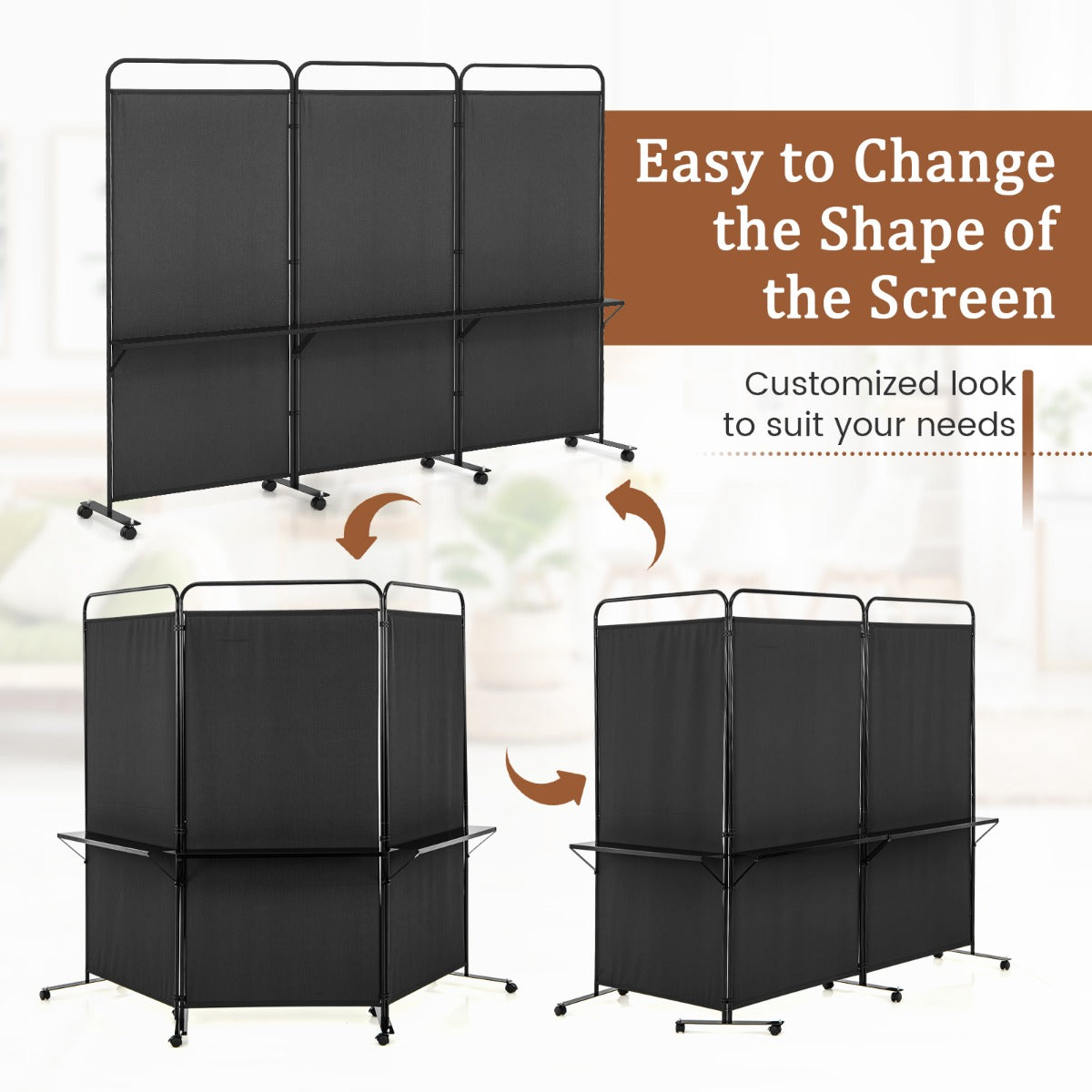 3-Panel 188cm Rolling Privacy Screen Folding Room Divider-Black