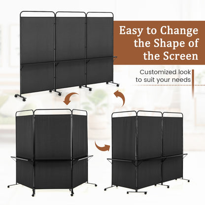 3-Panel 188cm Rolling Privacy Screen Folding Room Divider-Black