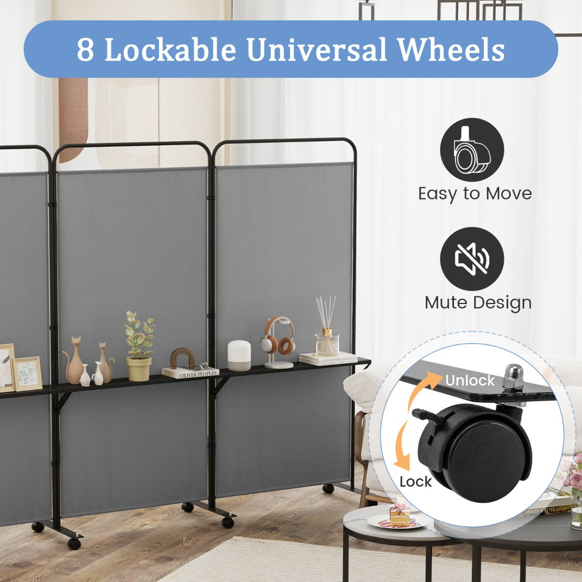3-Panel 188cm Rolling Privacy Screen Folding Room Divider-Grey