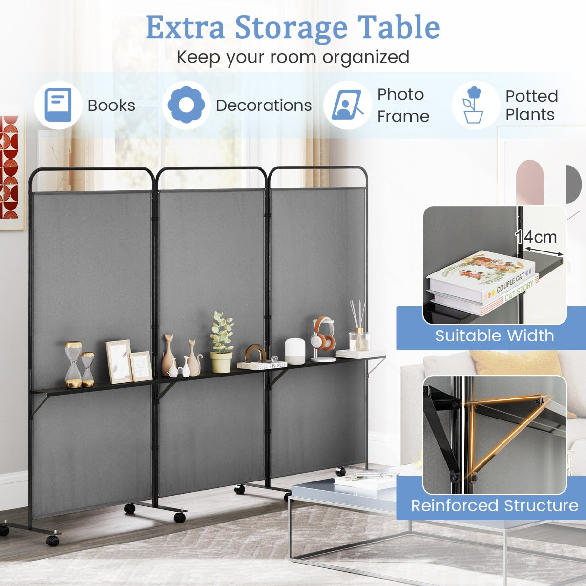 3-Panel 188cm Rolling Privacy Screen Folding Room Divider-Grey