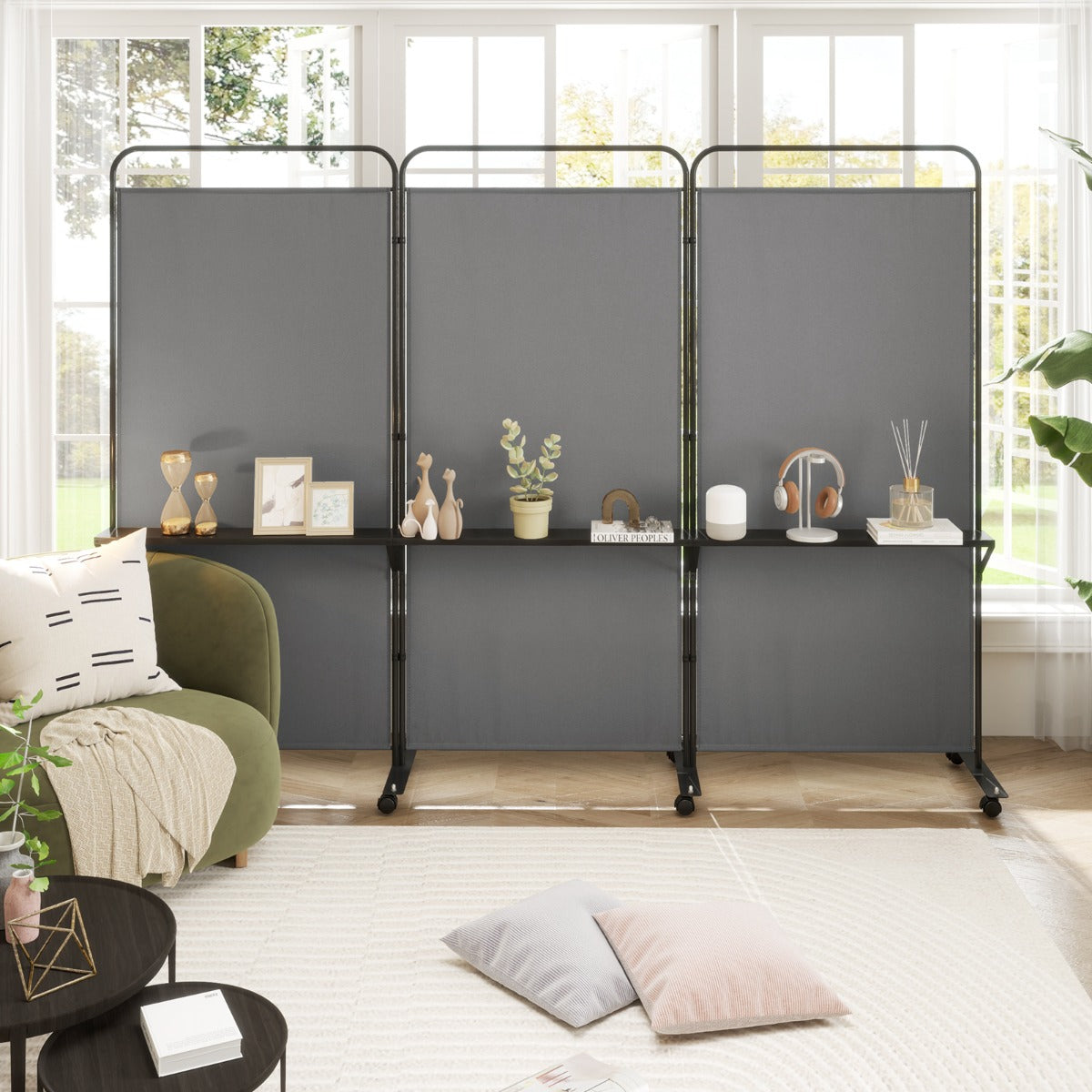 3-Panel 188cm Rolling Privacy Screen Folding Room Divider-Grey