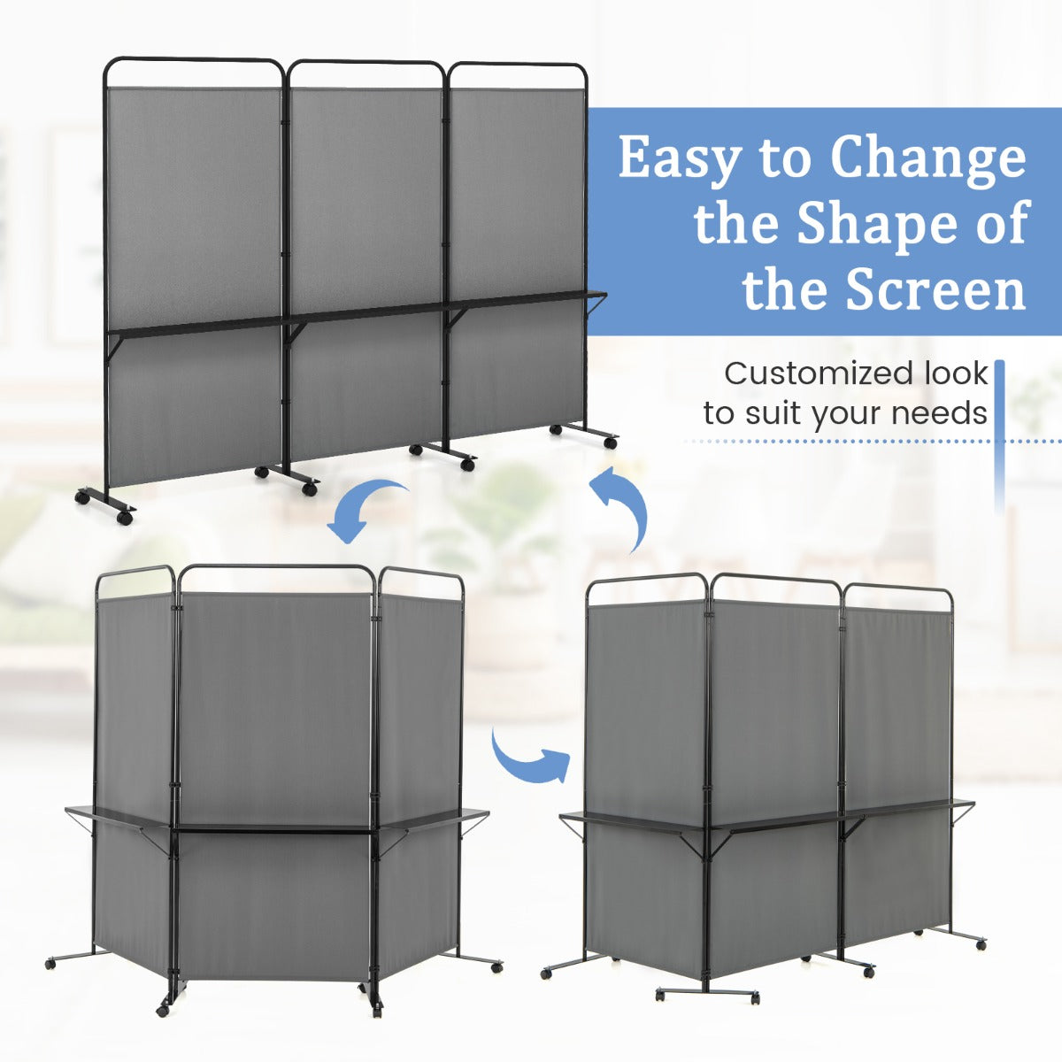 3-Panel 188cm Rolling Privacy Screen Folding Room Divider-Grey