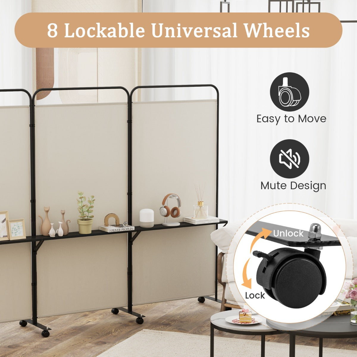3-Panel 188cm Rolling Privacy Screen Folding Room Divider-White