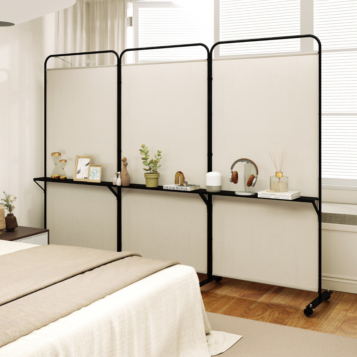 3-Panel 188cm Rolling Privacy Screen Folding Room Divider-White