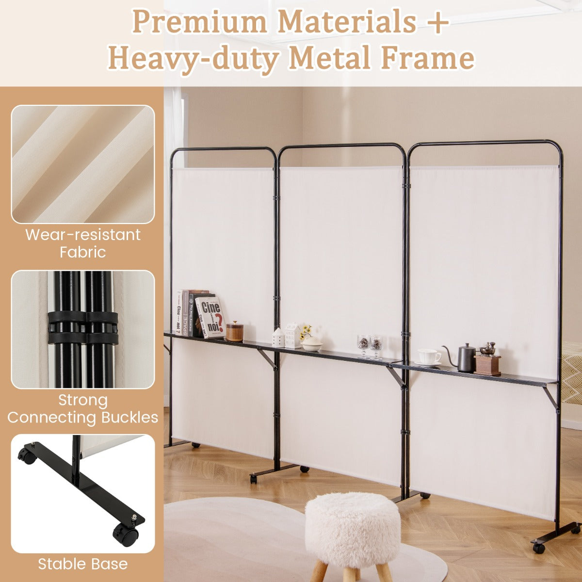 3-Panel 188cm Rolling Privacy Screen Folding Room Divider-White