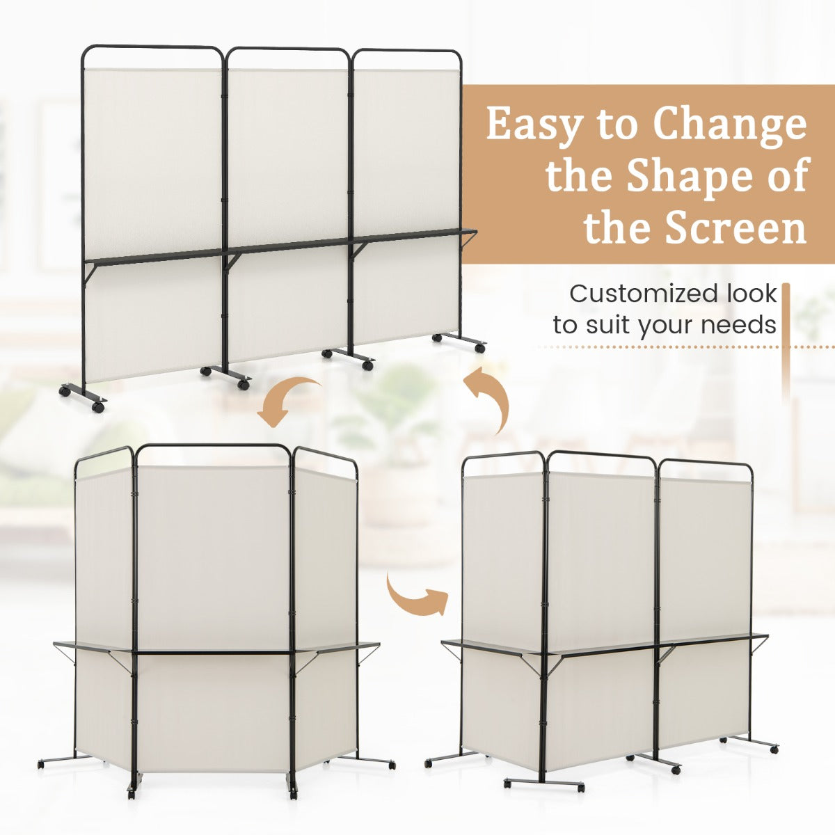 3-Panel 188cm Rolling Privacy Screen Folding Room Divider-White