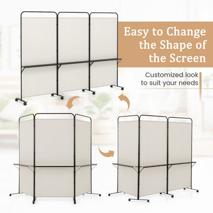 3-Panel 188cm Rolling Privacy Screen Folding Room Divider-White