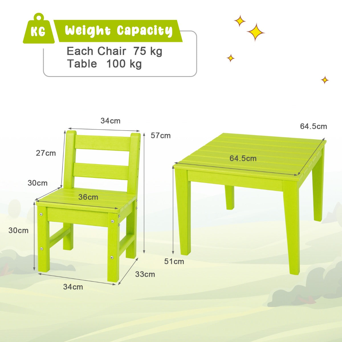 Three-piece kids table and chairs set with one table and two weather-resistant outdoor chairs