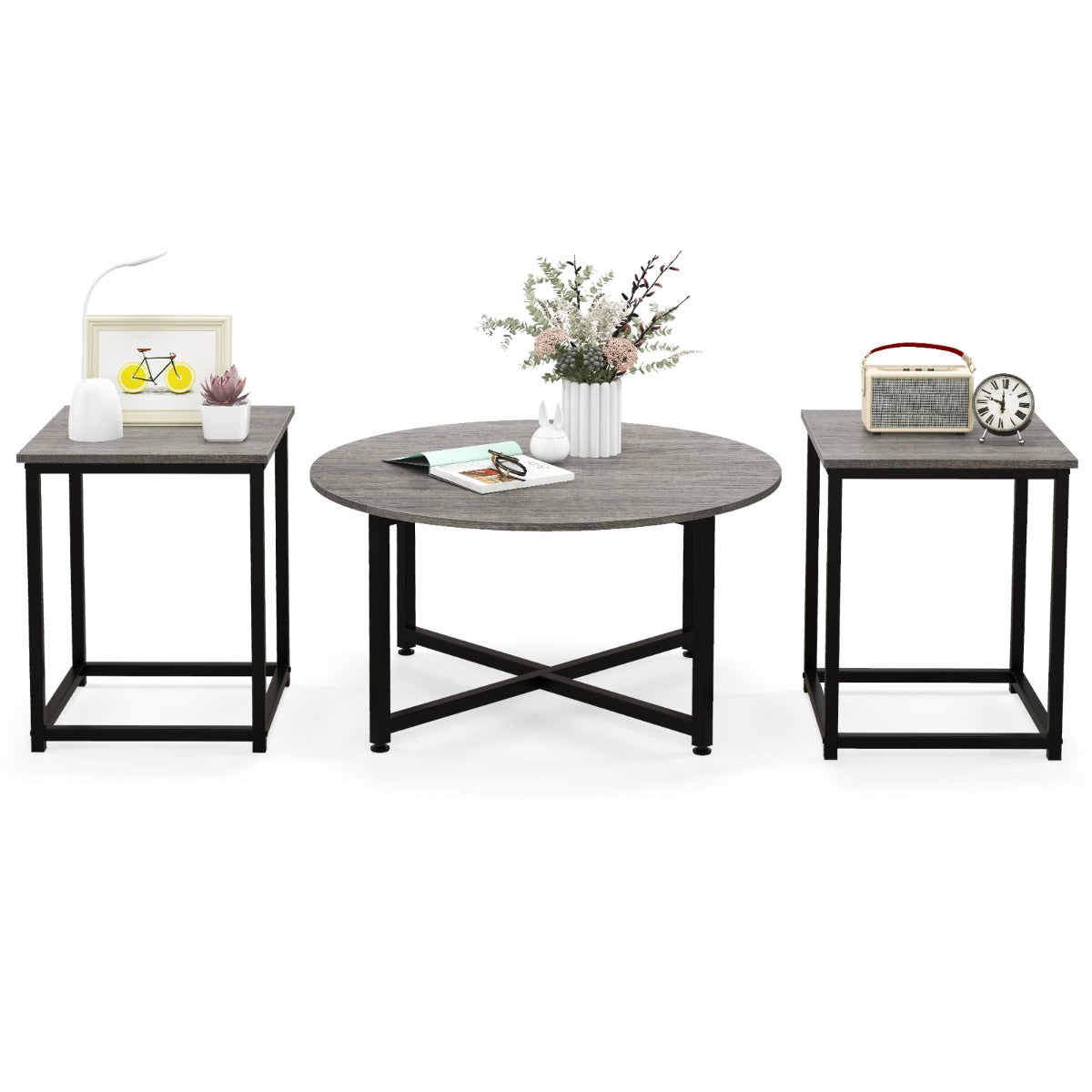 Costway 3-Piece Modern Coffee Table Set with Heavy-duty Metal Frame-Grey