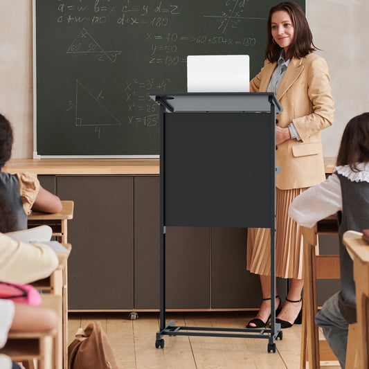 Costway 3 Position Height Adjustable Lectern Rolling Podium Table with Tilted Tabletop-Black