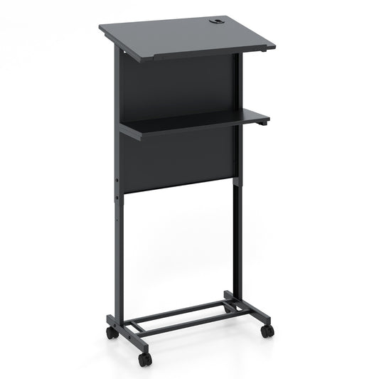 Costway 3 Position Height Adjustable Lectern Rolling Podium Table with Tilted Tabletop-Black