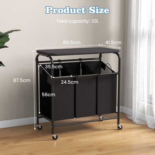 99L laundry sorter cart with built-in ironing board, three removable bags and smooth rolling casters