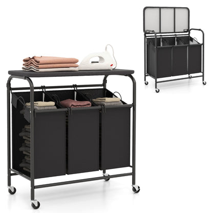 Costway 3-Section Laundry Sorter Cart with Ironing Board and Lockable Wheels-Black
