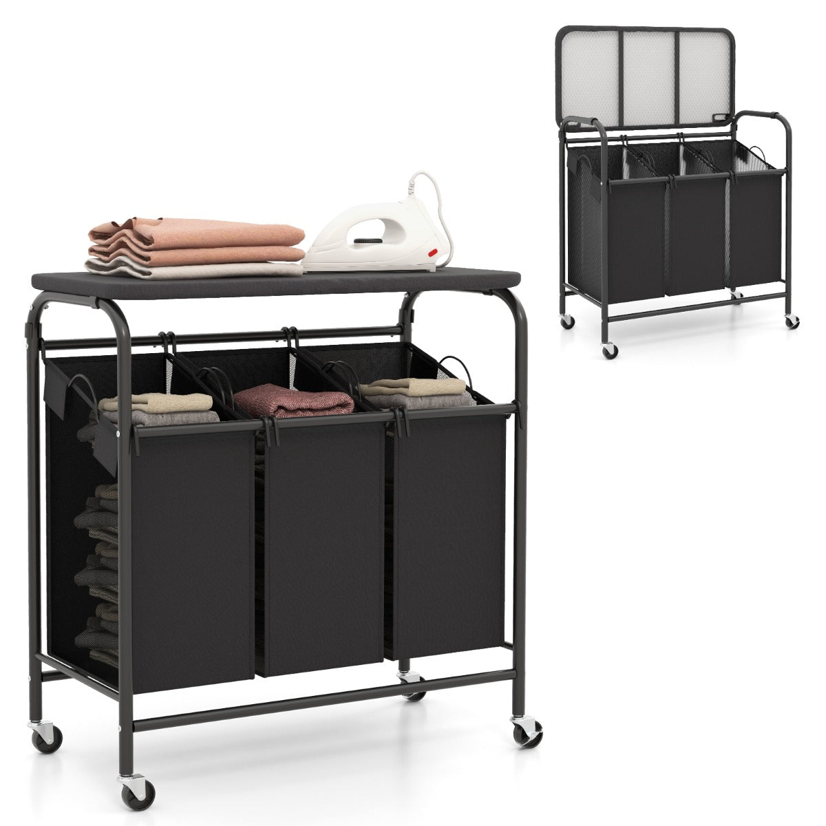 Black and dark gray laundry hamper cart fits bedrooms, bathrooms, laundry rooms and living spaces