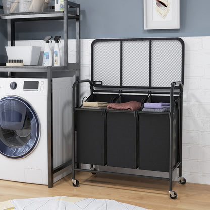 Costway 3-Section Laundry Sorter Cart with Ironing Board and Lockable Wheels-Black
