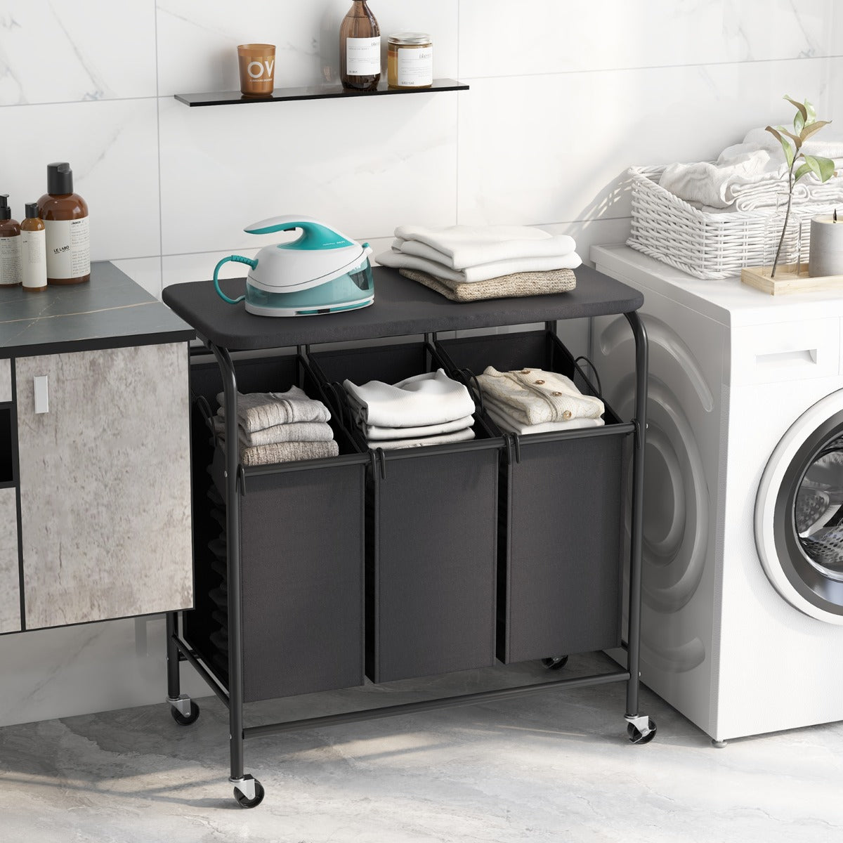 Four flexible casters make the laundry sorter easy to move, with two lockable wheels for stability