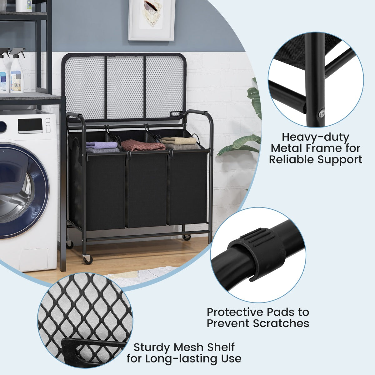 Heavy-duty metal laundry organizer supports loaded bags while maintaining stability and strength