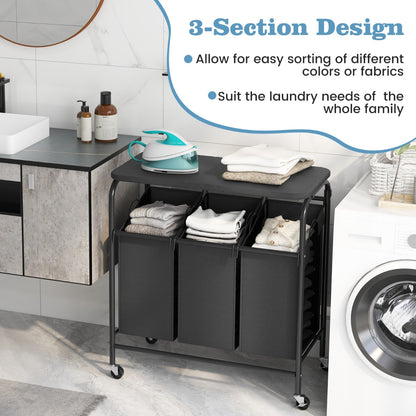 Costway 3-Section Laundry Sorter Cart with Ironing Board and Lockable Wheels-Black