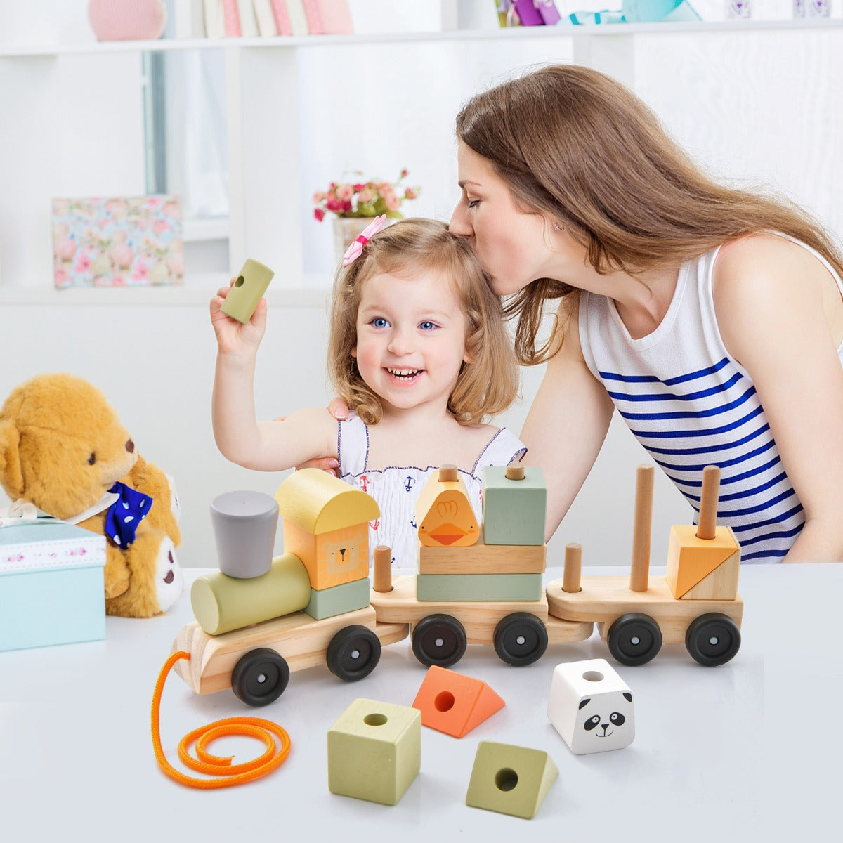 Costway 3-Section Wooden Train Set with Stackable Building Blocks