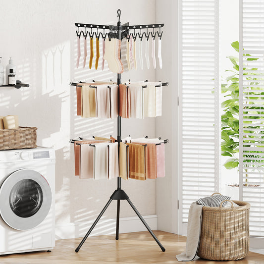 3-Tier Folding Clothes Drying Rack with 24 Clips and 32 Rods-Black