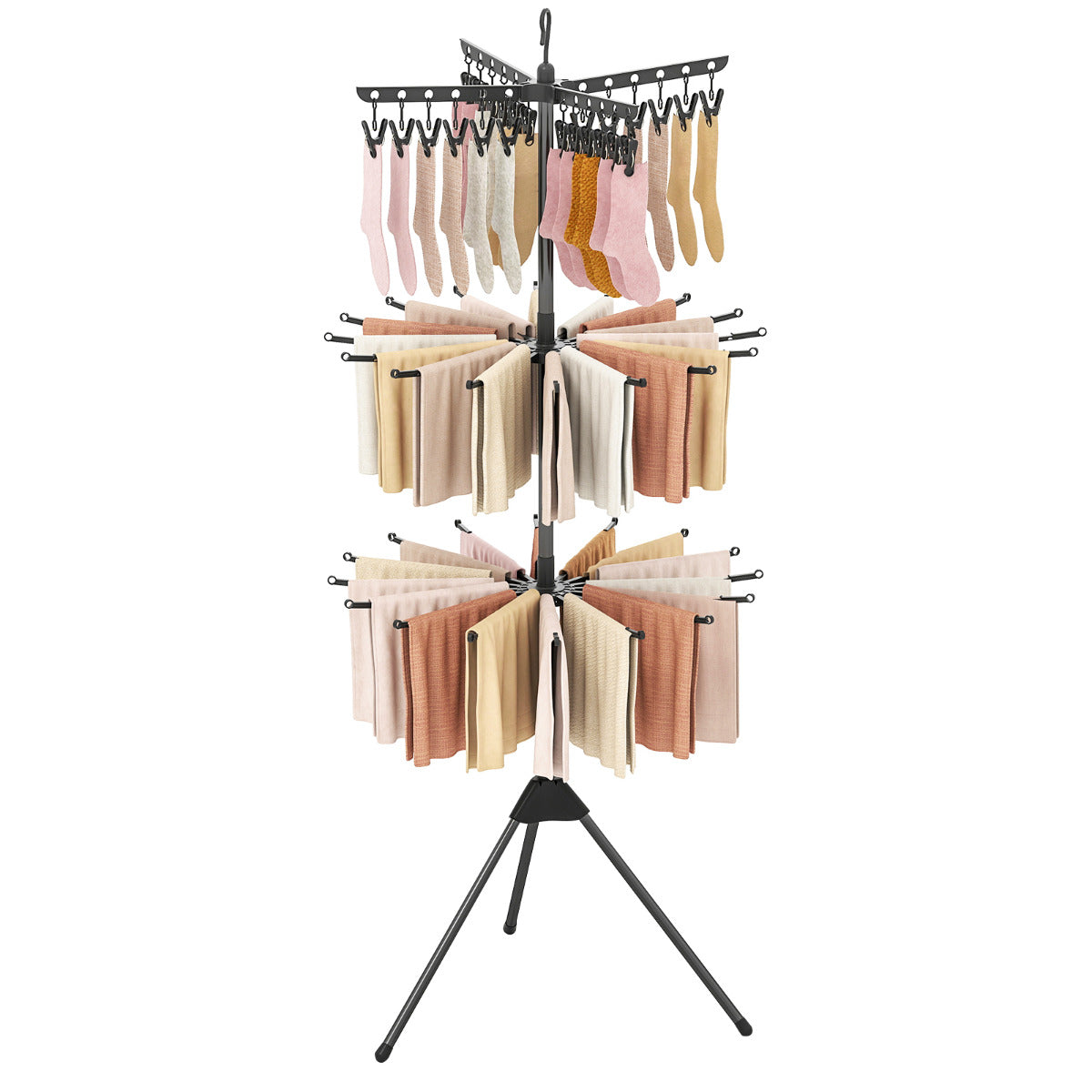 3-Tier Folding Clothes Drying Rack with 24 Clips and 32 Rods-Black