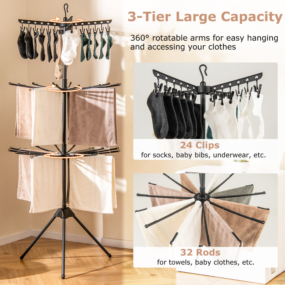 3-Tier Folding Clothes Drying Rack with 24 Clips and 32 Rods-Black