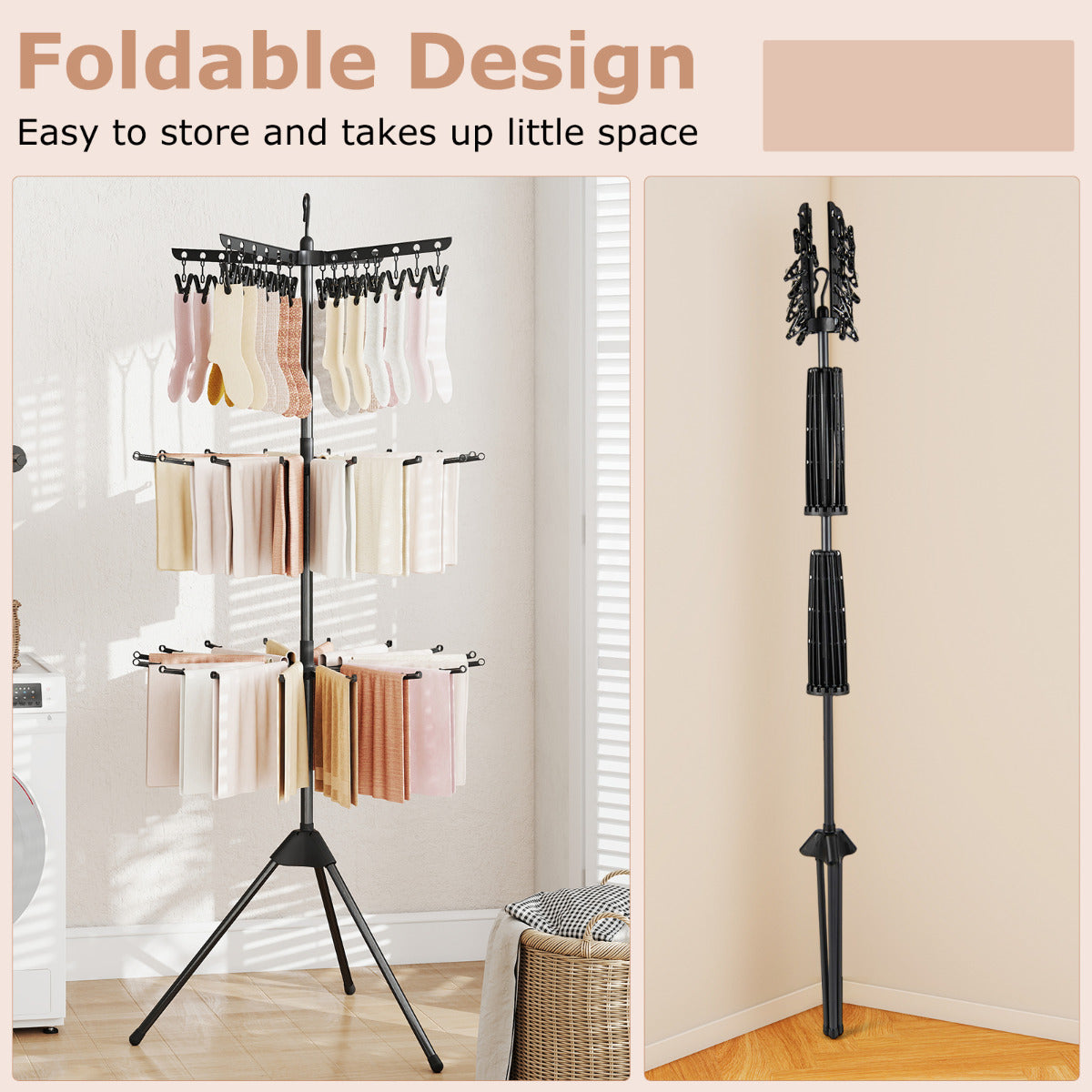 3-Tier Folding Clothes Drying Rack with 24 Clips and 32 Rods-Black