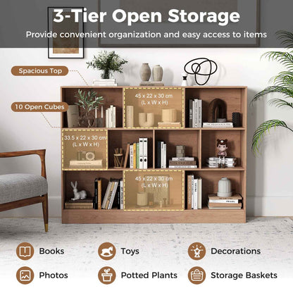 Costway 3-Tier Organizer 10-Cube Bookshelf 140CM Wood Display Shelf for Living Room-Natural