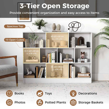Costway 3-Tier Organizer 10-Cube Bookshelf 140CM Wood Display Shelf for Living Room-White