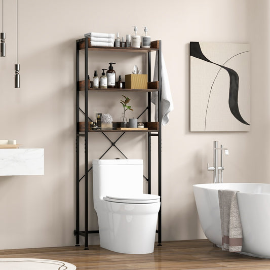Costway 3-Tier Over The Toilet Storage Rack with 4 Hooks for Bathroom-Brown