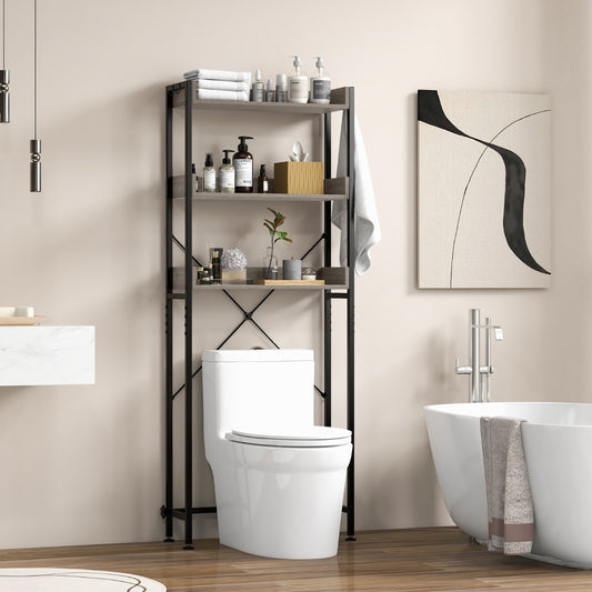 Costway 3-Tier Over The Toilet Storage Rack with 4 Hooks for Bathroom-Grey