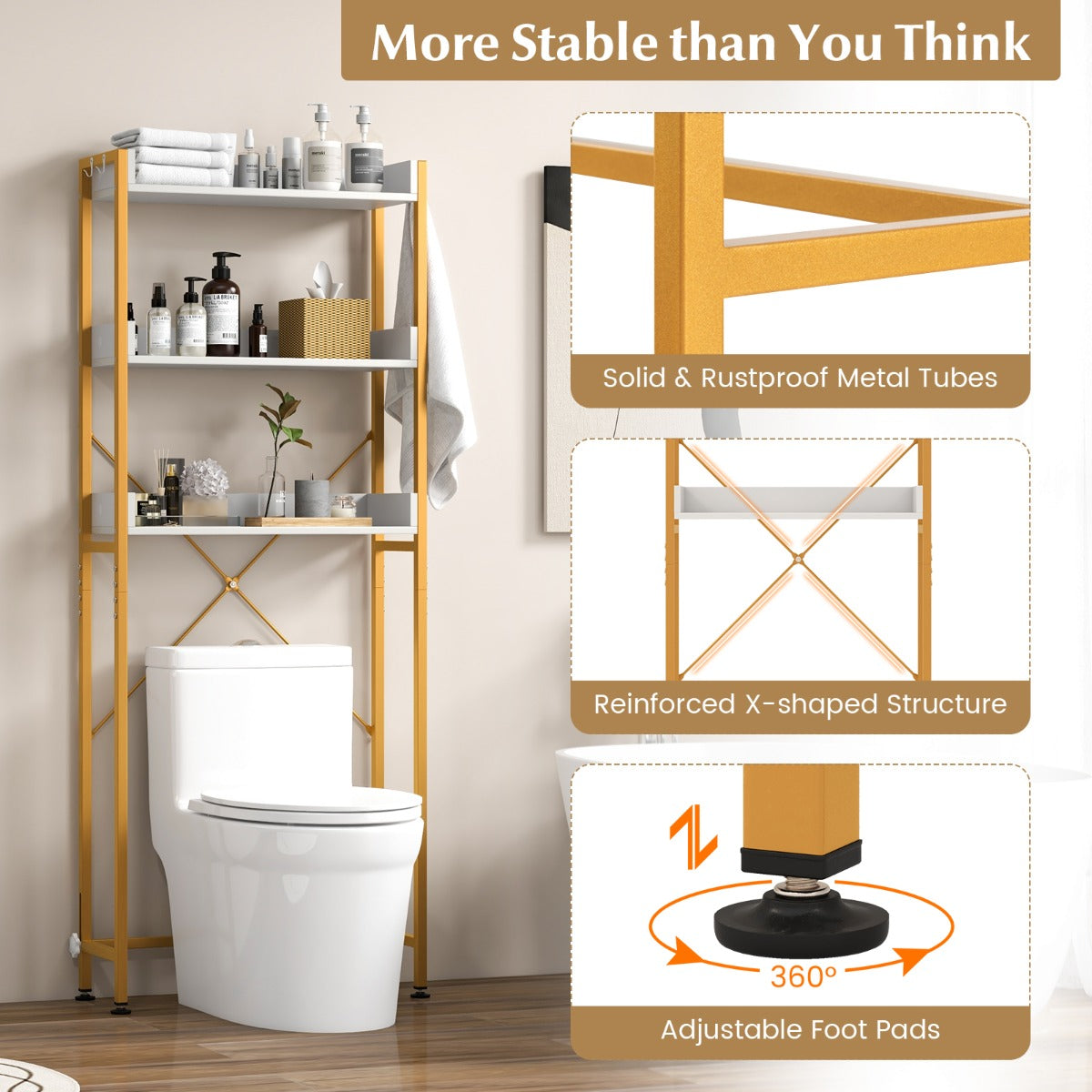 Costway 3-Tier Over The Toilet Storage Rack with 4 Hooks for Bathroom-White