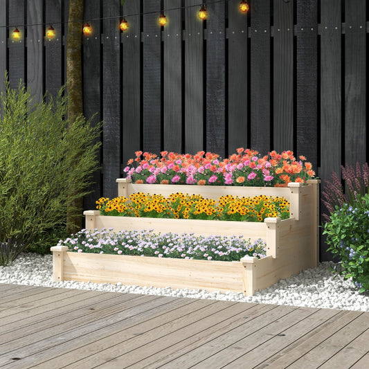 Outdoor 3-Tier Wooden Raised Garden Bed Elevated Flower Box
