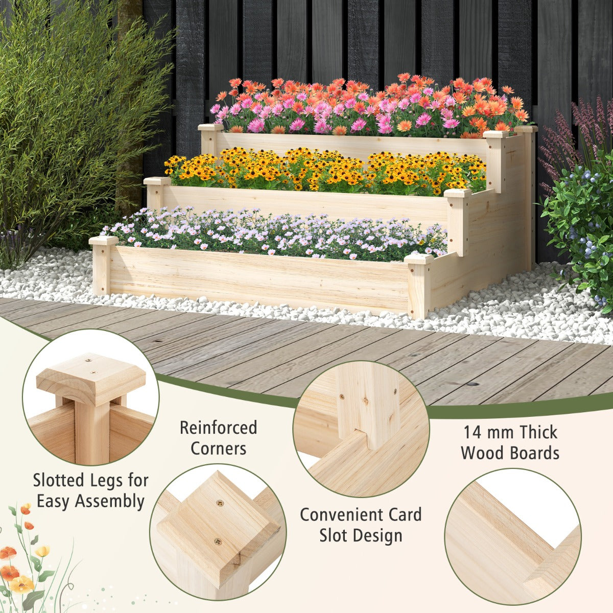 Outdoor 3-Tier Wooden Raised Garden Bed Elevated Flower Box