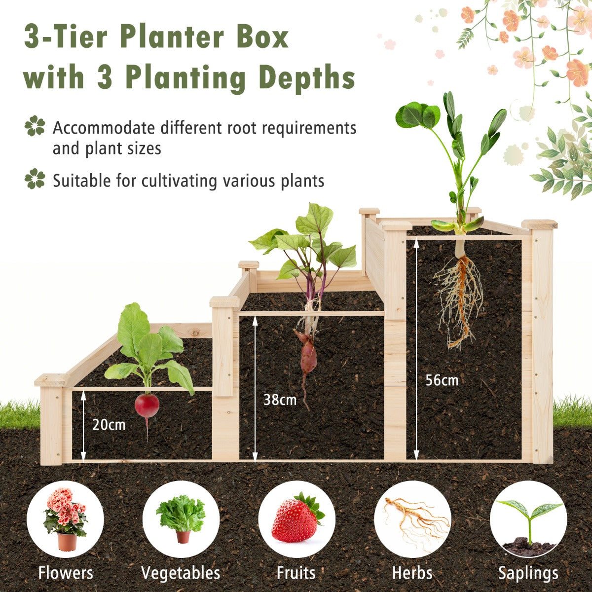 Outdoor 3-Tier Wooden Raised Garden Bed Elevated Flower Box