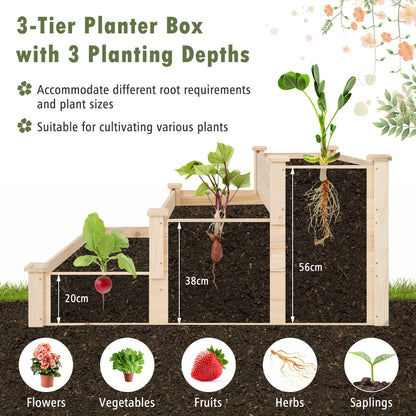 Outdoor 3-Tier Wooden Raised Garden Bed Elevated Flower Box