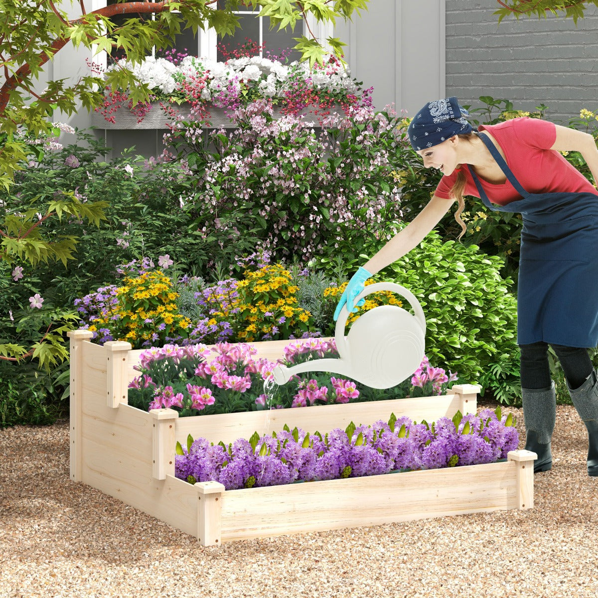 Outdoor 3-Tier Wooden Raised Garden Bed Elevated Flower Box