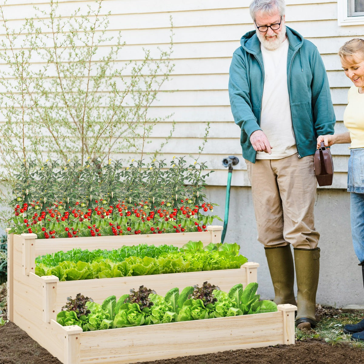 Outdoor 3-Tier Wooden Raised Garden Bed Elevated Flower Box