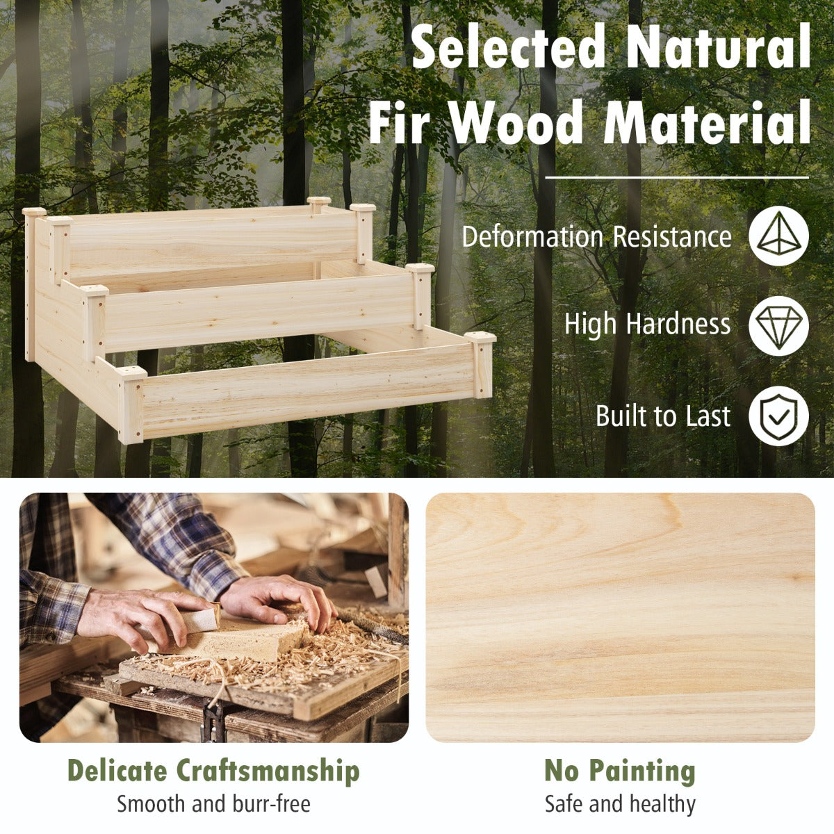 Outdoor 3-Tier Wooden Raised Garden Bed Elevated Flower Box