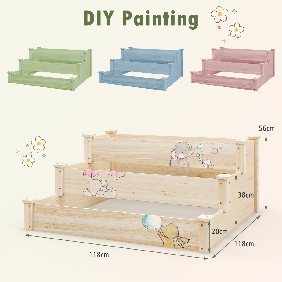 Outdoor 3-Tier Wooden Raised Garden Bed Elevated Flower Box