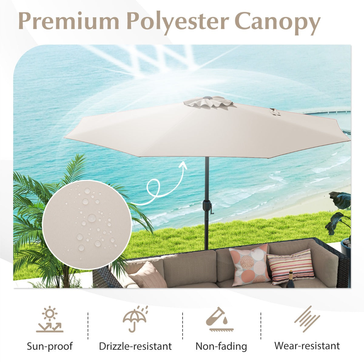 3.6 m Patio Outdoor Market Umbrella With Crank Handle-Beige