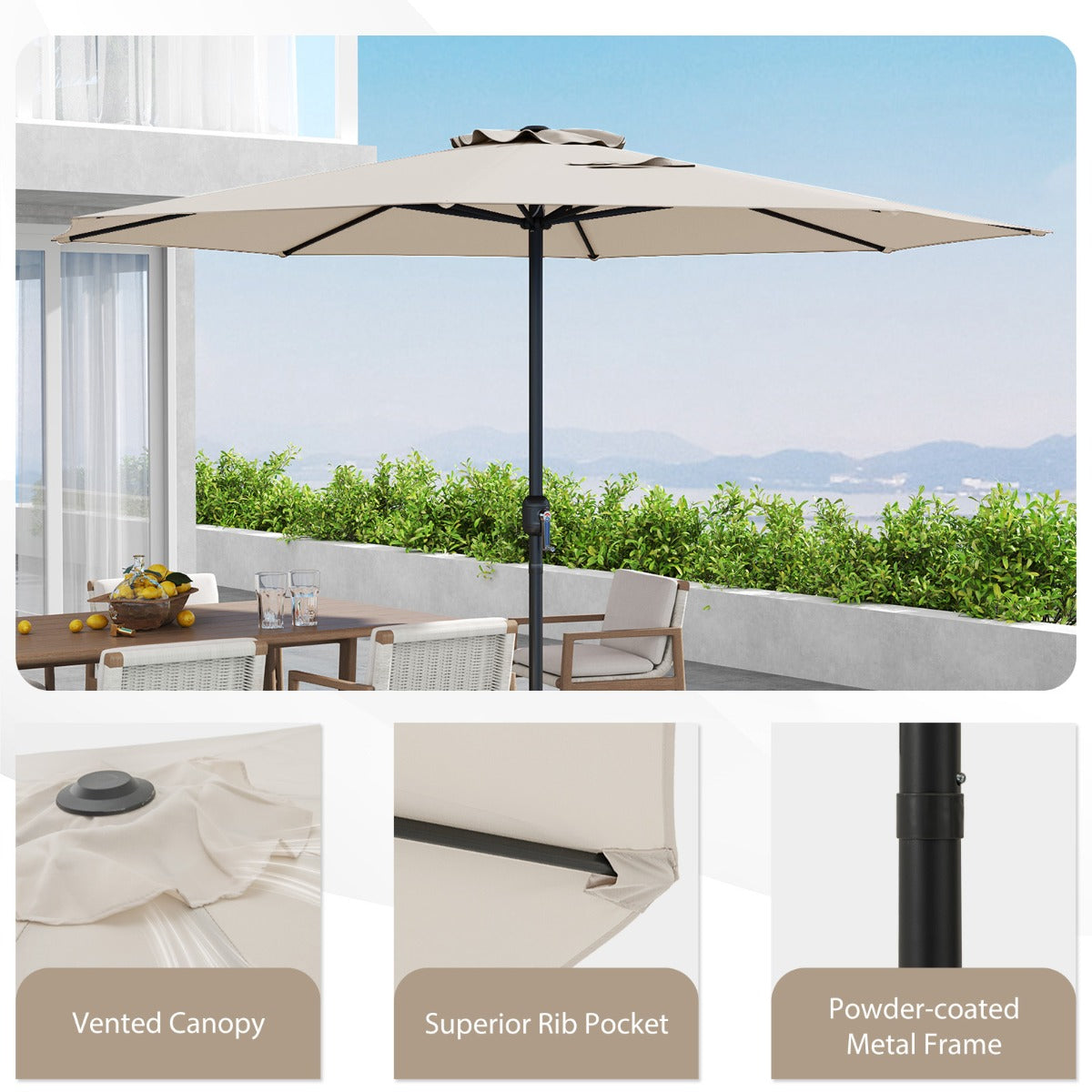 3.6 m Patio Outdoor Market Umbrella With Crank Handle-Beige