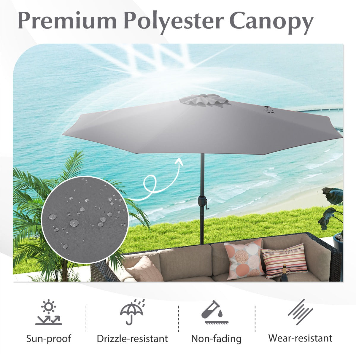 3.6 m Patio Outdoor Market Umbrella With Crank Handle-Grey