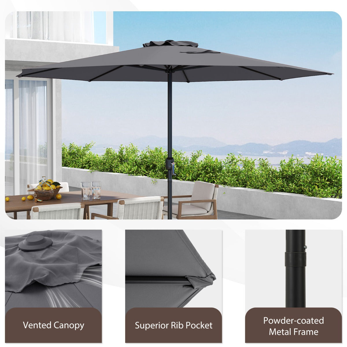 3.6 m Patio Outdoor Market Umbrella With Crank Handle-Grey