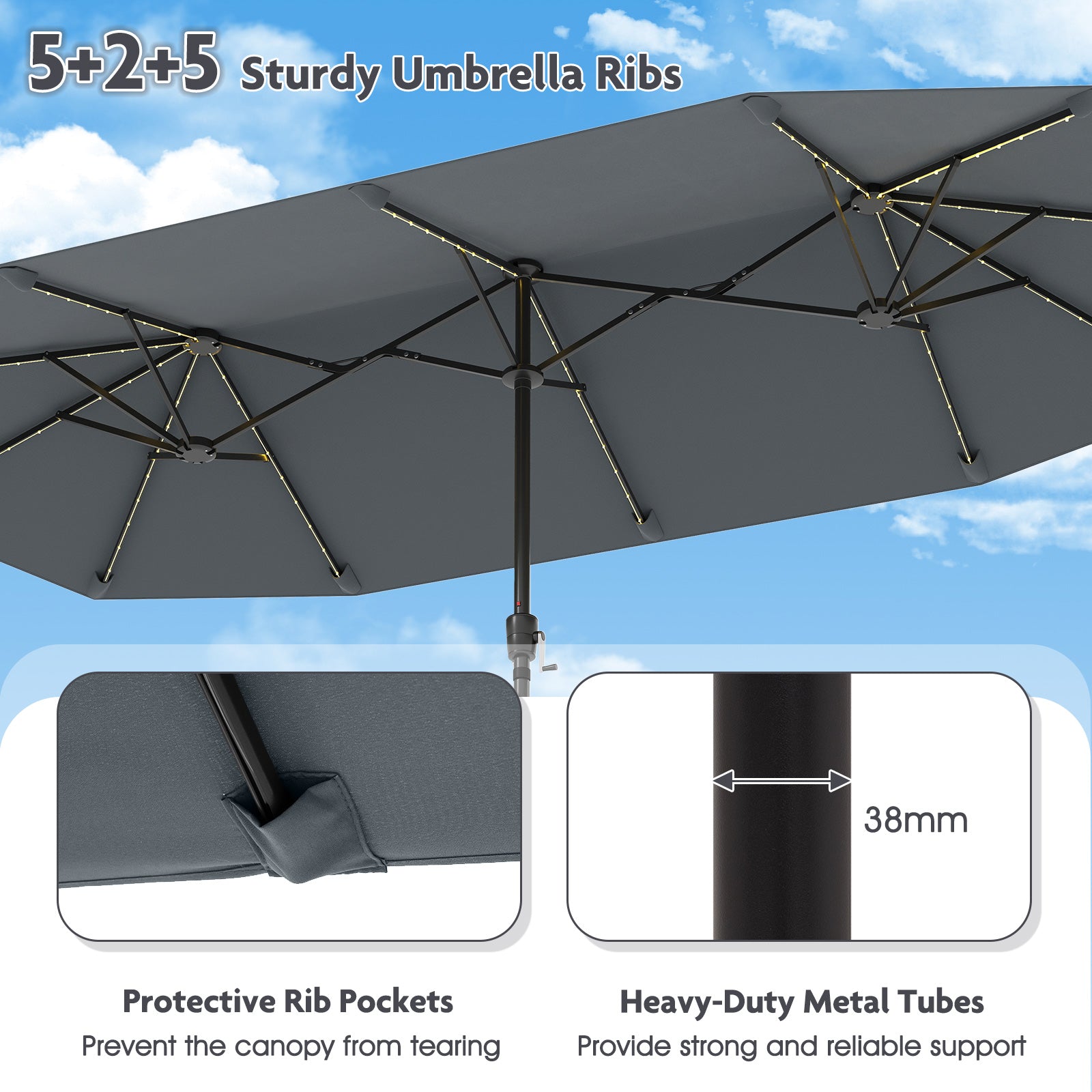 3.9 m Large Patio Umbrella with LED Solar Lights for Garden-Grey