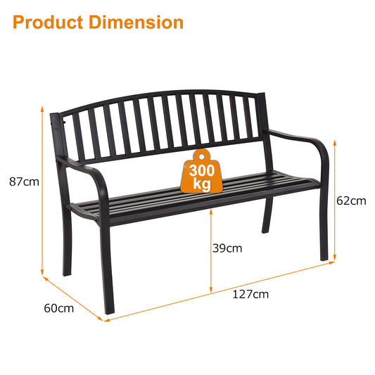 Black steel garden bench with a classic streak backrest adds simple style to outdoor spaces