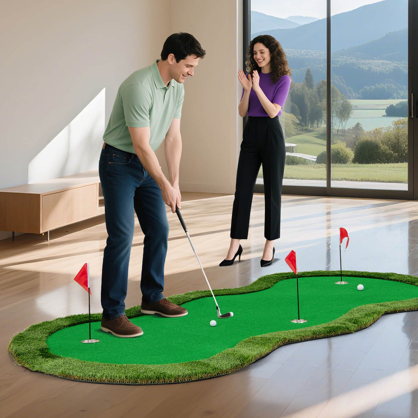 300 x 150 cm Golf Putting Green Practice Mat with 3 Holes and Golf Balls
