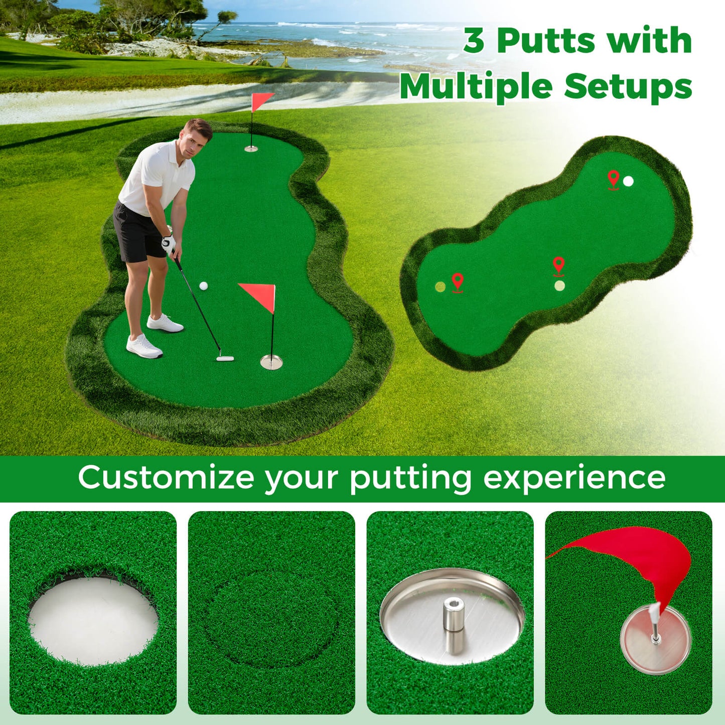 300 x 150 cm Golf Putting Green Practice Mat with 3 Holes and Golf Balls